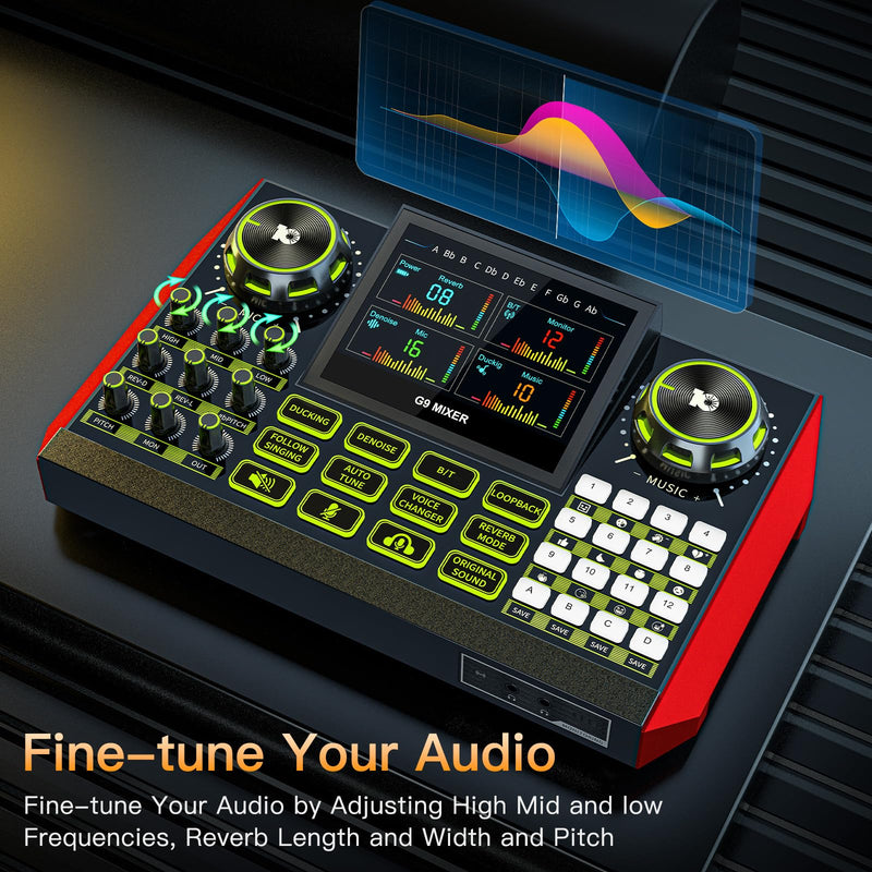 Tenlamp G9 Podcast Equipment Audio Mixer, Live Sound Card Console with Microphone 3.5/6.35mm Audio Interfaces, Voice Changer, Noise Reduction