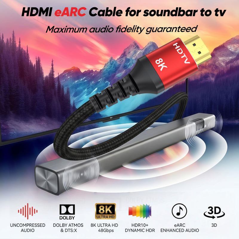 8K HDMI Cable 6FT 8Pack, 48Gbps HDMI 2.1 Cord, Red Aluminum Braided | Support 4K@120Hz, 8K@60Hz, HDR10+, eARC, for TV, Monitor, Roku, PS5/4/3, Xbox, Projector 8