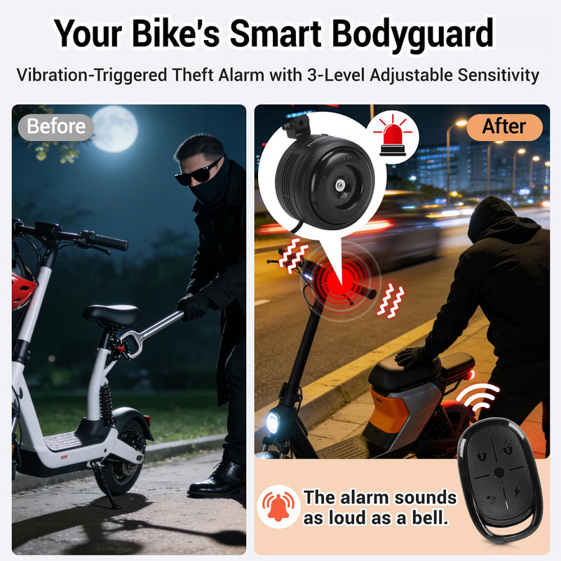 [AUSTRALIA] - Electric Bike Horn and Alarm System, 125dB, USB-Rechargeable, Waterproof, Remote Control 