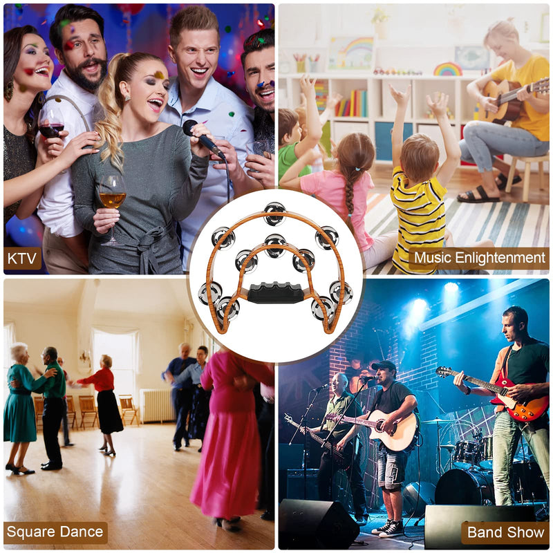Double Row Jingles, Half Moon Musical Tambourine Double Row Handbell Tambourine Metal Jingles with Ergonomic Grip Percussion Instrument for KTV Party Church, Imitation Wood Color