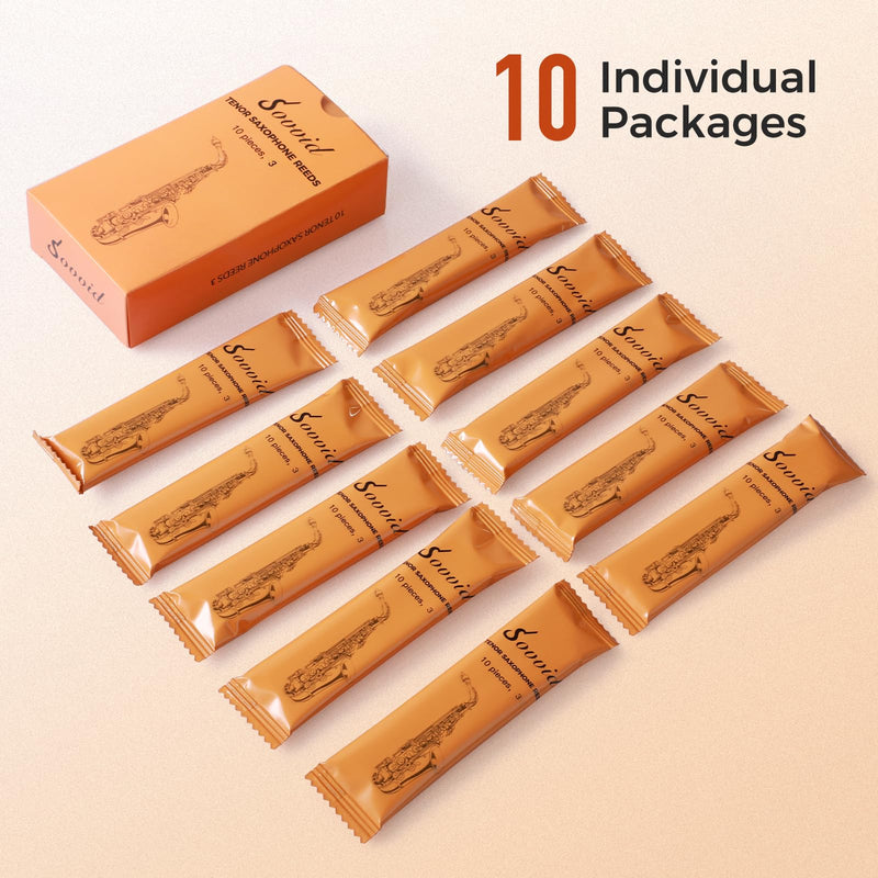 Tenor Saxophone Reeds Strength 3.0 with Portable Reed Case, Box of 10, Individually Packaged Tenor Sax Reeds, Laser Engraved Marking & Thinner Reed Tip & Unfiled Cut for Ease of Play