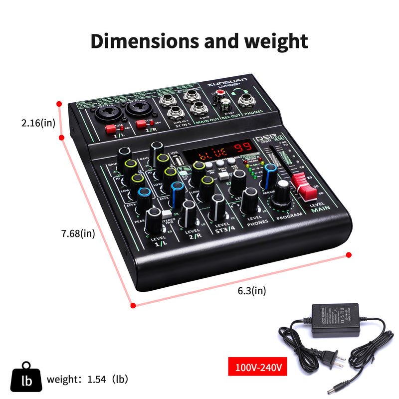 LM4DSP Audio Mixer 4 Channel,99 DSP metal body Sound Board Mixing Console with USB Bluetooth Echo Delay Effect,48V Power for Professional for Recording,Live Streaming,Podcasting DJ Music Application LM4DSP