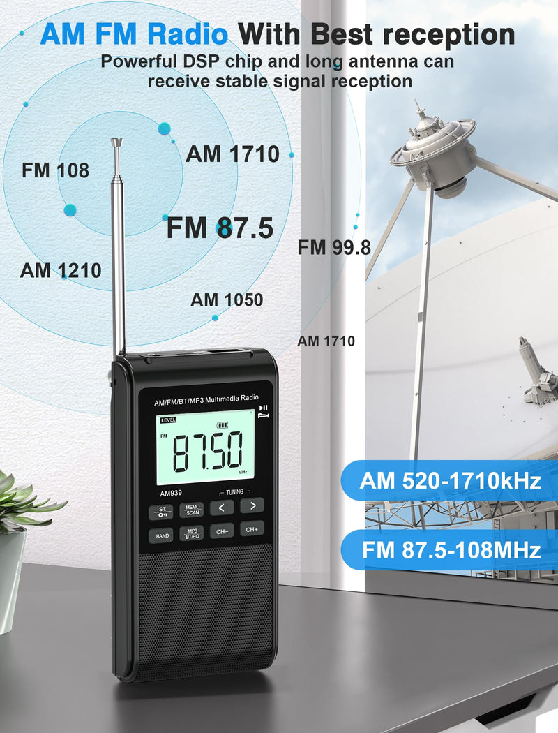 [AUSTRALIA] - Pocket Radio with AM FM-1200mAh Rechargeable Radio-Portable Transistor Radio with Best Reception, Bluetooth Receiver,5W Big Speaker,LCD Screen,Earphone Jack,Support SD Card and USB Player for Jogging Black 