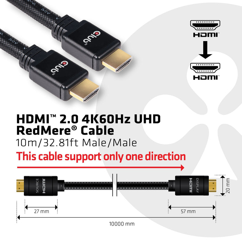 Club 3D CAC-2313 HDMI 2.0 4K60Hz UHD RedMere Cable M/M 10m/32.81ft 28 AWG 10m/32.8Ft