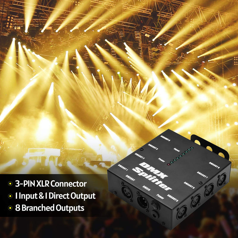 DMX512 Optical Signal Amplifier Spliter Distributor 1 Direct Input & Output 8 Independent Outputs for Light Controller Stage Console Party DJ Club Disco KTV Light with Power Adapter,Signal Split