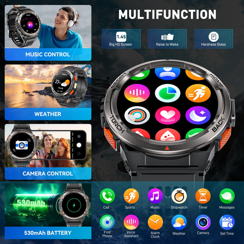 Military Smart Watches for Men with LED Flashlight Compass 3ATM Waterproof | Tactical Rugged Smart Watch with 1.45" HD, Sports Fitness Tracker with Heart Rate/SPO2/Sleep Monitor for Android & iPhone KE5-Orange Button