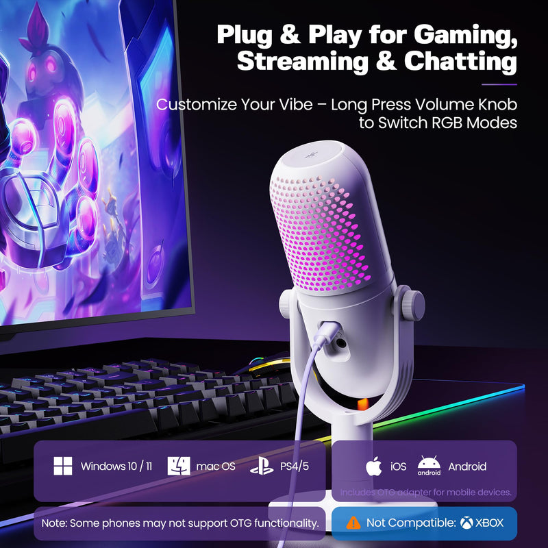 USB Microphone for PC Gaming: Condenser Microphone RGB for Gamer with Stand Mic - Recording Mic for Computer&Laptop with Qiuck Mute - Desk Podcast Mic for Podcast & Singing & Streaming & Youtube White