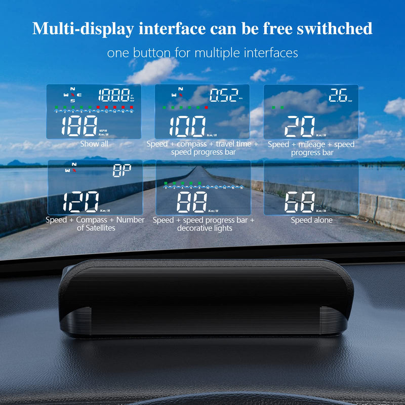 Heads Up Display with GPS Speedometer M19, Universal in-Car HUD with High Speed Warning, Fatigue Driving Alert, Voltage Alarm Speed, Driving Distance and Compass Direction