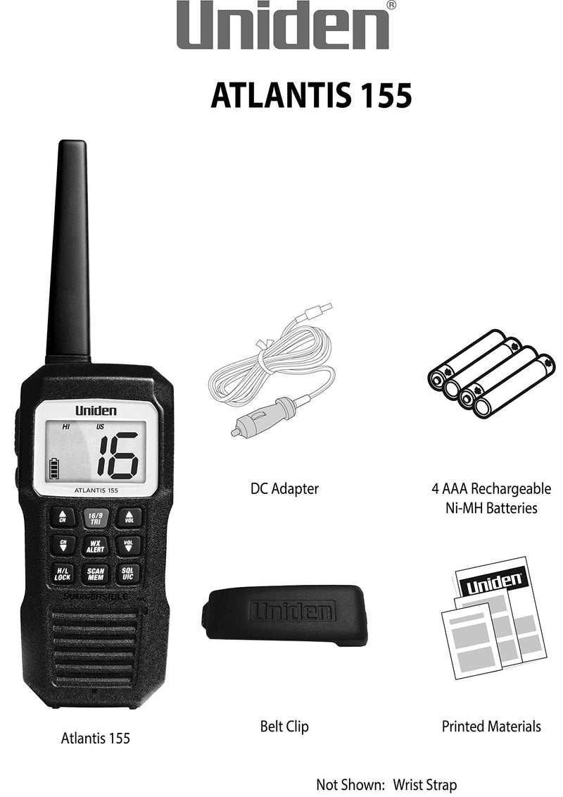 [AUSTRALIA] - Uniden Atlantis 155 Handheld Two-Way VHF Marine Radio, Floating IPX8 Submersible Waterproof, Dual-Color Screen, All USA/International/Canadian Marine Channels, NOAA Weather Alert, 10 Hour Battery 