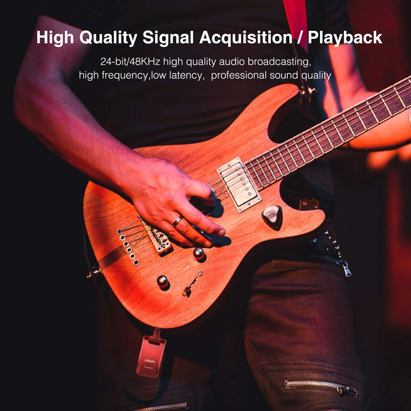 LEKATO 2.4GHz Wireless Guitar System - 6 Channels Rechargeable Wireless Transmitter & Receiver for Guitar & Bass, Stereo & Mono 1/4' & 1/8' 2 in 1 Plugs (Black & Red)