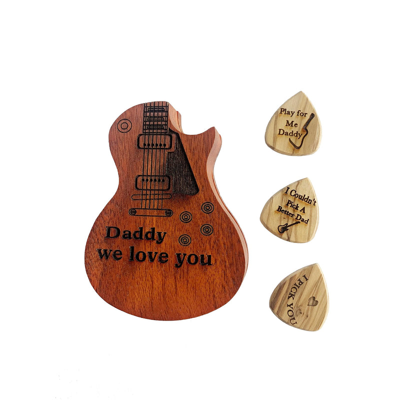 Engraved Guitar Pick Box For Dad, Guitar Shaped Guitar Pick Box, Personalized Wood Guitar Picks Box with 3 Pcs Guitar Picks Gift for Father's Day daddy