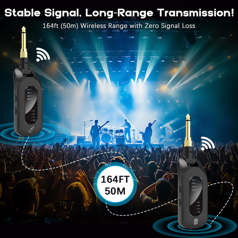 5.8GHz Wireless Guitar Audio System - Rechargeable Transmitter and Receiver with 4 Channels, Low Latency and Over 164ft Long Range Transmission, Compatible Guitar Bass Electric Instruments 5.8GHz