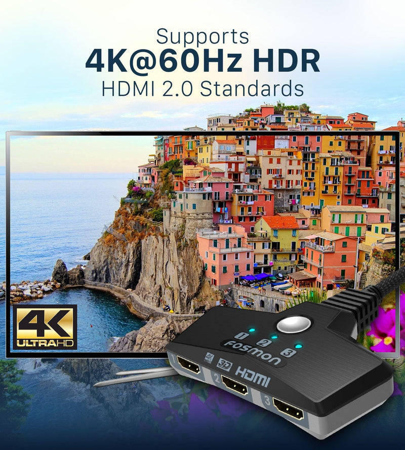 Fosmon 4K HDMI Switch 3 in 1 Out 4K@60Hz, 3-Port HDMI 2.0 Splitter Hub Switcher Auto Switching UHD 3D HDR HD 1080P HDCP, for HDTV PS5/4 Xbox Fire TV 3-Port / 4K@60Hz