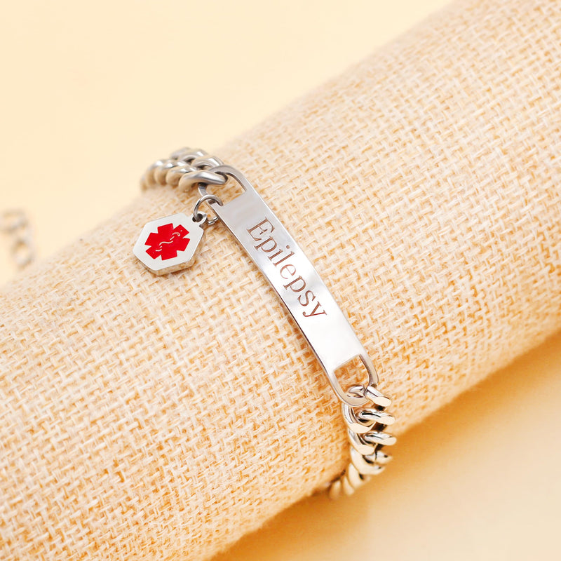 Uloveido Red Medical ID Bracelet | White/Black Cuban Chain Bracelets | Custom Medical Alarm Jewellery for Men Women | Waterproof Stainless Steel Bracelet YA5169 White Epilepsy
