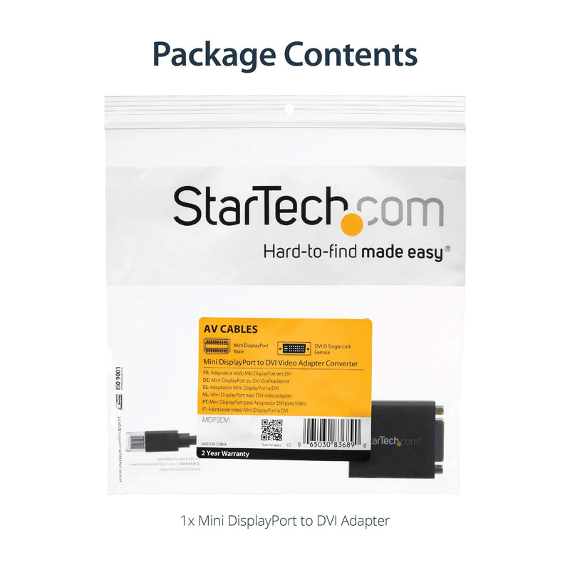 StarTech.com Mini DisplayPort to DVI Adapter - Mini DP to DVI-D Converter - 1080p Video - VESA Certified - mDP or Thunderbolt 1/2 Mac/PC to DVI Monitor - mDP 1.2 to DVI Single-Link Dongle (MDP2DVI) Black