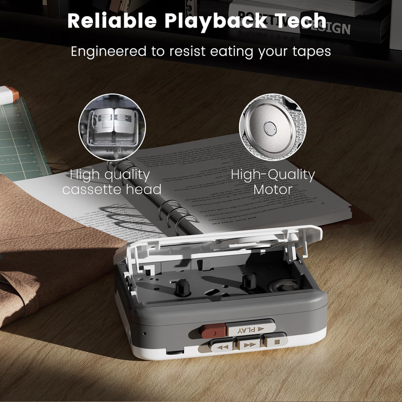 Reshow Cassette Tape Player Portable, Cassette Player Recorder with Built-in Speaker, USB-C Power, for Music Playback, Recording, Students, Travel, Nostalgic Music Lovers (Grey White) Grey White