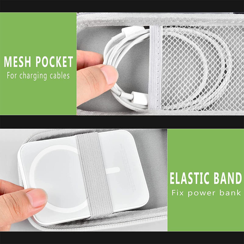 Case Compatible with Apple MagSafe Charger Battery Pack, Holder for Mag Safe Magnetic Power Bank for iPhone 12, Storage with Strap & Mesh Pocket for USB Power Adapter and Cable- White (Case Only)