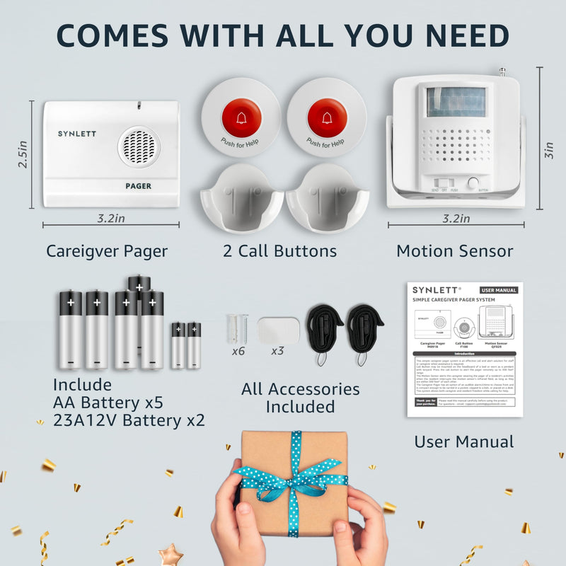 Caregiver Pager Wireless Call Buttons Motion Sensor Alarm Indoor for Elderly Monitoring Fall Prevention Bed Alarm Alert System Portable Nurse Call for Seniors Dementia Patients Emergency 3 Transmitters 1 Receiver