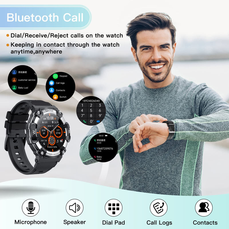 Goodatech 1.39" Military SmartWatch for Men Women, Black | Phone Call, 5ATM IP68 Waterproof, Fitness Tracker, Android iOS Compatible Black.666