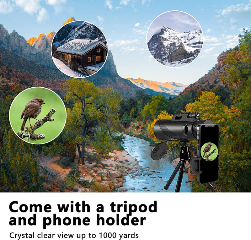 80x100 Monocular-Telescope High Powered for Smartphone Monoculars for Adults High Definition Monocular Telescope for Stargazing Hunting Wildlife Bird Watching Travel Camping Hiking black