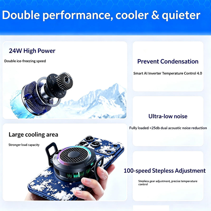 Magnetic Cell Phone Cooler for Gaming, 24W Cellphone Cooling Fan with RGB | Silent Phone Cooler with Screen Display, Four-speed Smart Temp Control Phone Radiator for iPhone Android Series Phone Tablet
