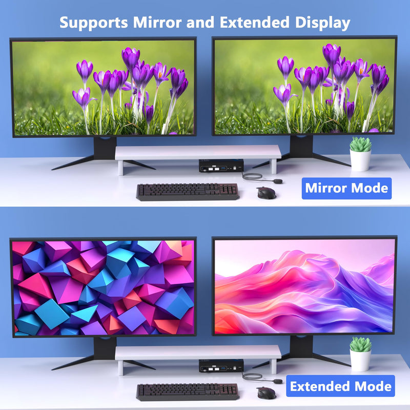 8K@60Hz KVM Switch 2 Monitors 2 Computers Display Port, KVM Switches Dual Monitor with 4 USB 3.0 Ports Sharing Keyboard Mouse Printer, Computer Switch for 2 Computers, Displayport Switch 2 in 2 Out
