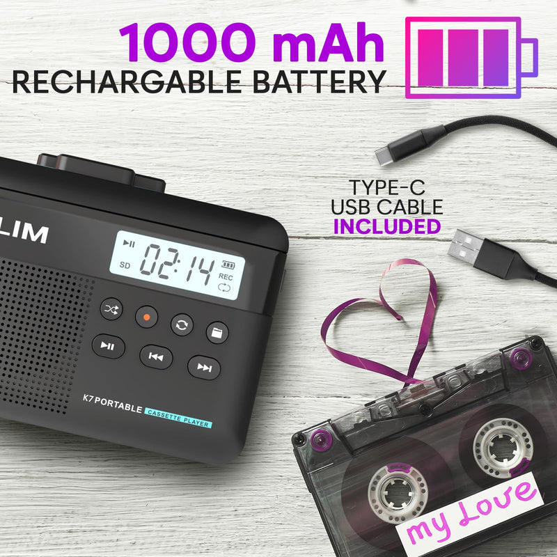 [AUSTRALIA] - KLIM K7 Cassette Tape Player + Cassette to MP3 Converter + Portable Cassette Player + Built-in Microphone & Speaker + Rechargeable Battery + Earphones + 8GB SD Card 8GB Black 