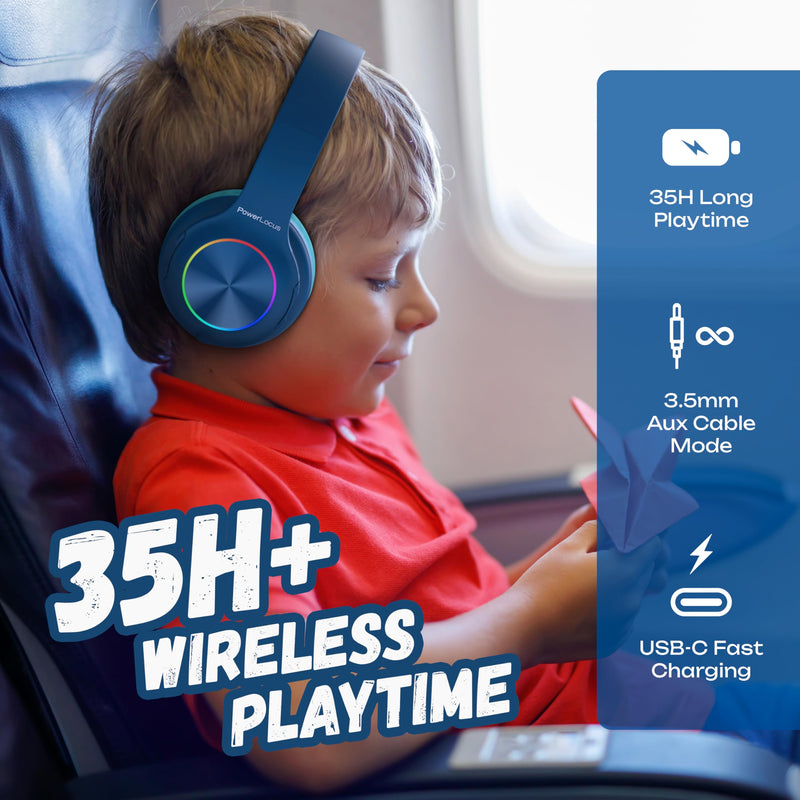 PowerLocus PLED Kids Headphones Wireless, Over Ear Headphones for Kids with 74/85/94dB Safe Volume Limits, Microphone, LED Lights