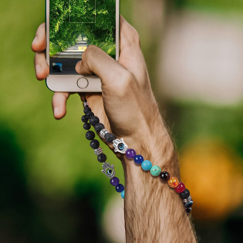 Chakra Phone Charm Lanyard Cell Phone Wrist Strap Relax Anxiety Natural Healing Beaded Keychain for Women Men Chakra+evil Eye