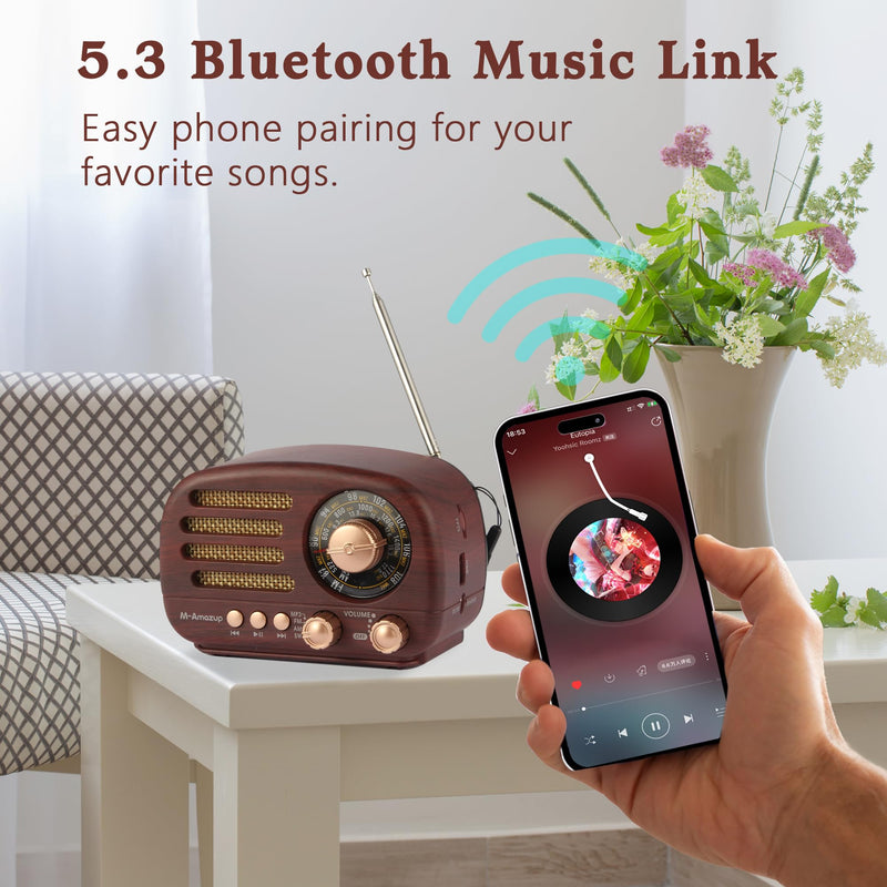 Radios Portable AM FM SW, Retro Radio with Speaker, Transistor Radio Bluetooth 5.3, Rechargeable Battery Powered, TWS, Support TF Card/MP3/USB Playing, Gifts for Senior, Dark Wood