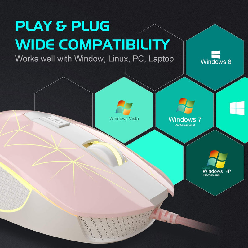 MageGee G6 Wired Gaming Mouse, Ergonomic USB Optical Mouse with 7 Colors Breathing LED Backlit, 6 Adjustable DPI Levels from 600 to 3200 for Laptop PC Computer Games & Work, Pink