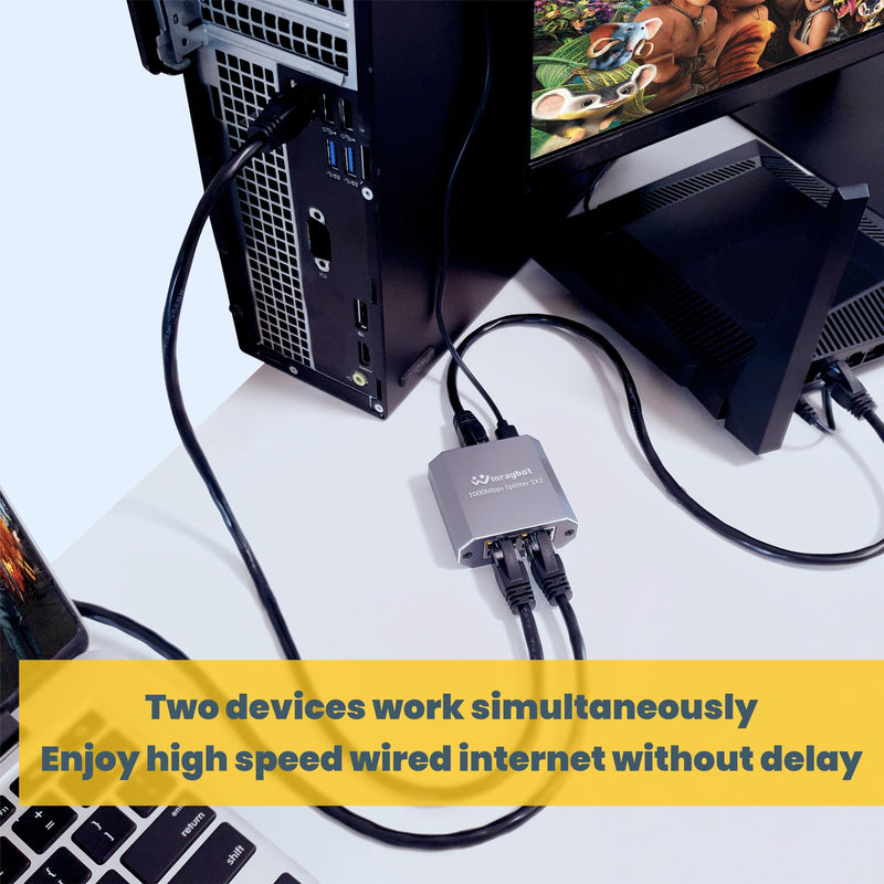 ethernet Splitter 1 to 2，Ethernet hub 2 Port Network LAN Adapter, 1000Mbps Network LAN Adapter for Cat 5/6/7/8 Cable, (2Pack*1GB Network Cable Splitter)