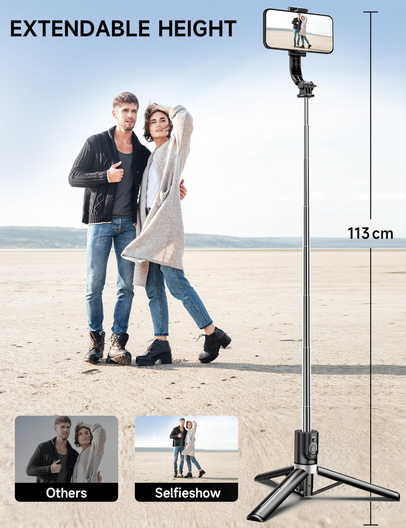 45" Selfie Stick Tripod with 2 Lights, Extendable 5 in 1 Selfie Stick Phone Tripod, Portable Selfie Sticks with Wireless Remote Compatible with iPhone 15/14/13 Pro Max, Samsung, Android, Gopro Black(with 2 Light)