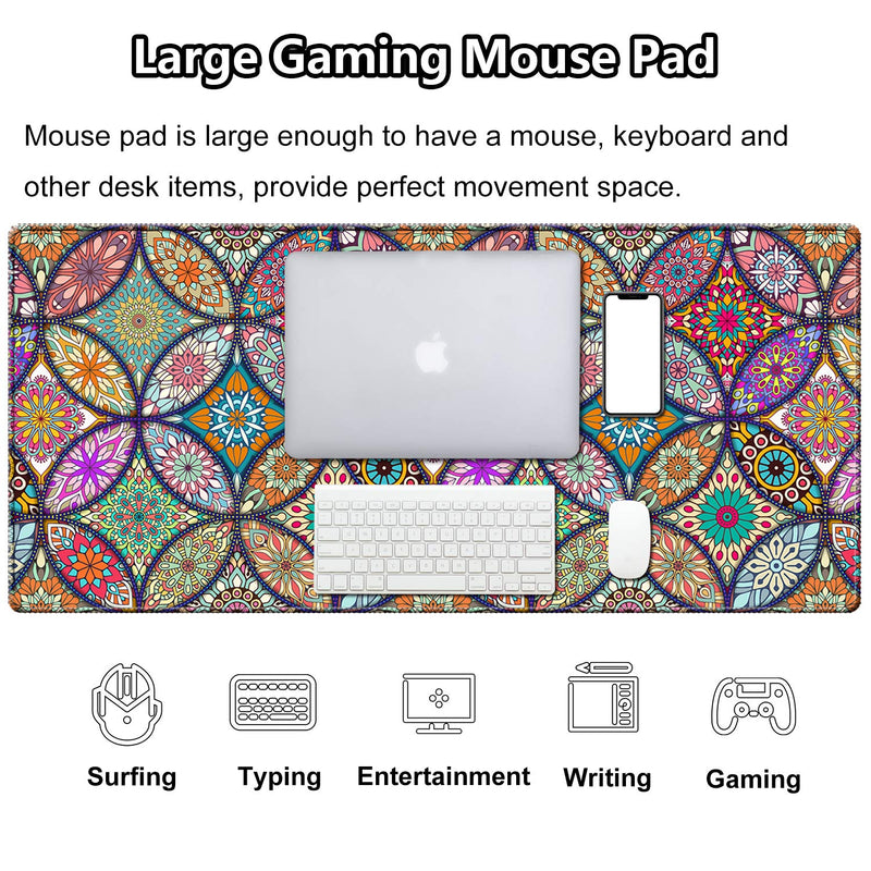 EkuaBot Mandala Large Gaming Mouse Pad (35.4×15.7 in, 3mm Thick), Non-Slip Rubber Base and Reinforced Lock Edges, XXL Extended Mousepad for Work, Game, Desk mat, Desktop Decoration