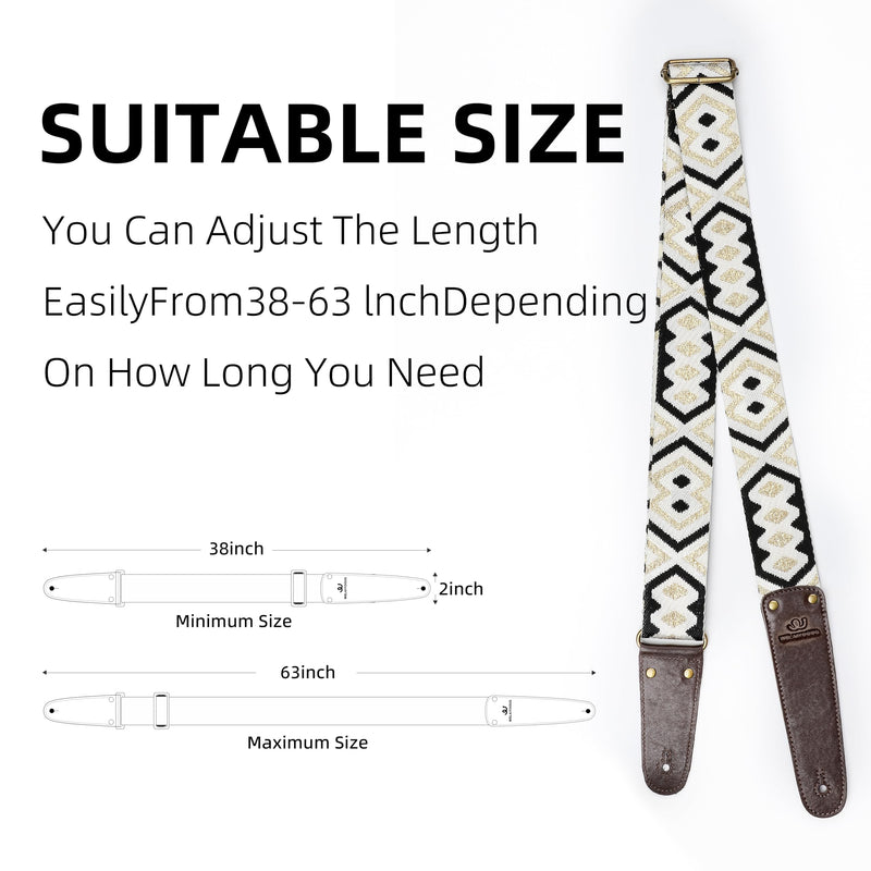Guitar Strap, Woven Guitar Straps with Double Vegetable-Tanned Cowhide Leather Ends for Bass Guitar, Electro Acoustic Guitar, Gift for Kids and Guitarists (Black Gold) Black and gold geometric pattern Adjustable 38-63 inches