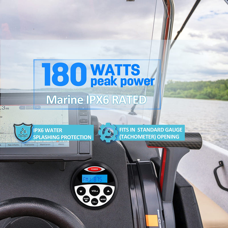 Boat Marine Stereo Receiver Bluetooth - 45 x 4 Watts Audio AM FM Gauge Waterproof Radio Tuner Streaming for Boats Golf Cart ATV UTV and Spa Hot Tubs GR304