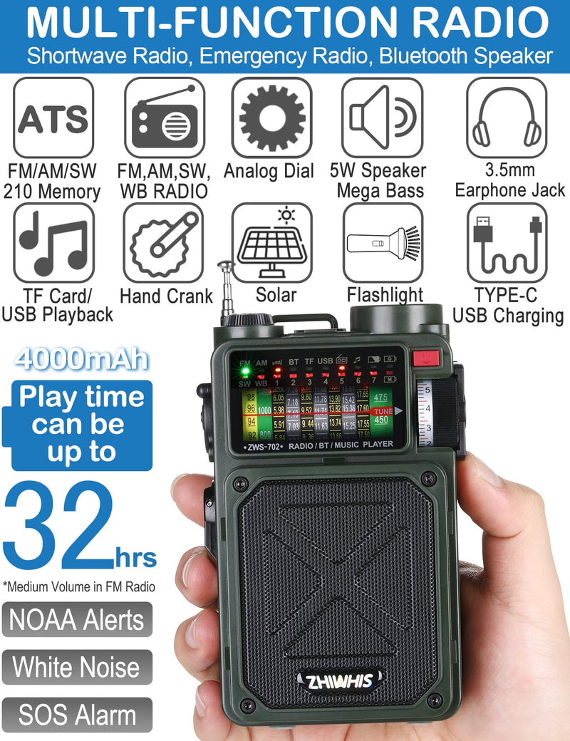 ZHIWHIS Shortwave Radio with Bluetooth, AM/FM/SW/WB Emergency Radios with NOAA Alerts, Hand Crank/Solar/4000mAh/White Noise/SOS/Bass/Rechargeable Retro Receiver with Preset, Support USB/TF ZWS-702