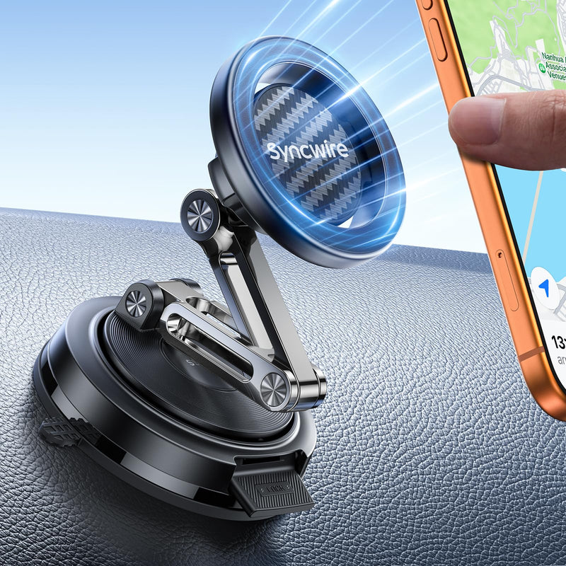 SYNCWIRE for MagSafe Car Mount Vacuum Magnetic Phone Holder Dash Windshield | Strong Magnets, Replaceable Suction Cup, Foldable 3 Axis, 360° Rotation, Tesla Screen Mount, iPhone 17 to 12 Pro Max Plus Carbon Fiber