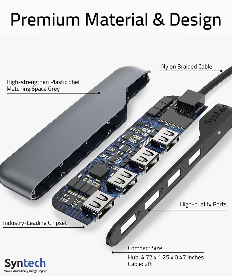 USB Hub Syntech 4-Ports USB Hub 3.0 with 2ft Extended Cable, USB Splitter with a USB C to USB Adapter, Compatible with MacBook Pro 2021, Mac Pro/Mini, iMac, ASUS, Chromebook, Dell, Surface Pro, etc.