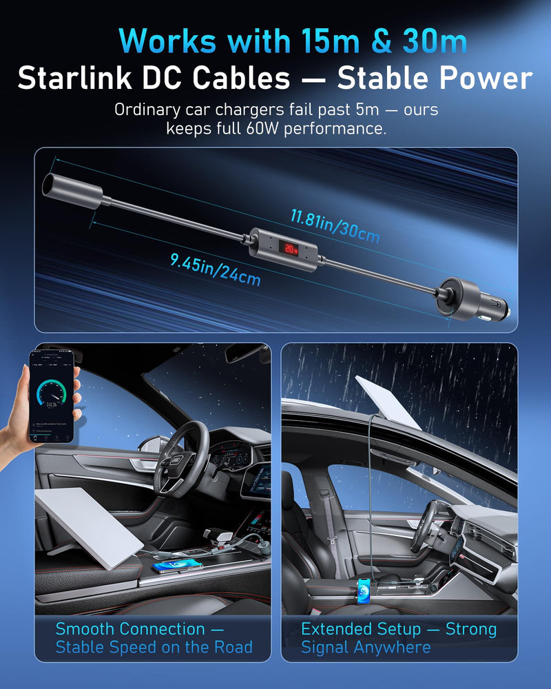 [AUSTRALIA] - Starlink Mini Car Adapter 12V to 20V Step-Up Converter, 60W Car Cigarette Lighter Charger with LED Display, Supports Official 15m & 30m DC Cable, Stable Power for RV Camping, Trucking, Marine Use Converter Version 