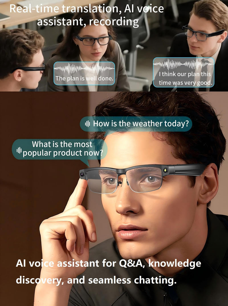 AI Smart Glasses with 8MP HD Camera Recording Voice Assistant Real-Time AI Translation Open-Ear Audio Music Noise Canceling Mic Object Recognition Bluetooth Glasses for Men Women Silver-Clear lens glasses