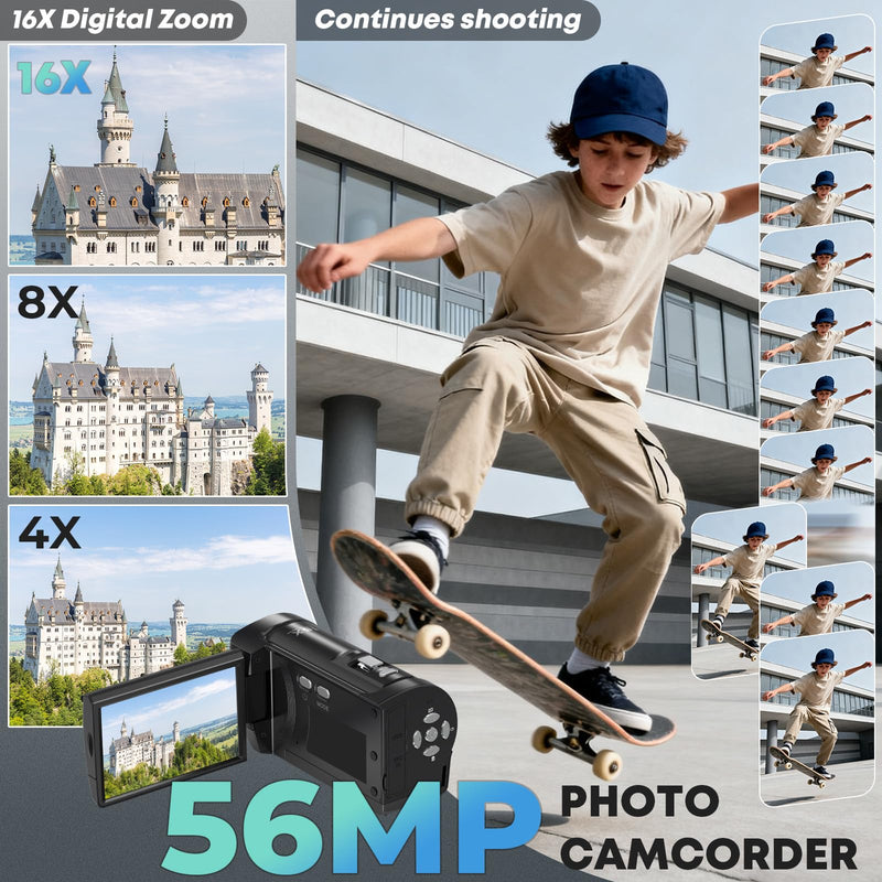 2.7K Video Camera Camcorder QHD 56MP YouTube Vlogging Cameras | 16X Digital Zoom Camcorders Webcam with 32G SD Card 270 Degree Rotation Screen and 2 Batteries Recording While Charging Dark Black