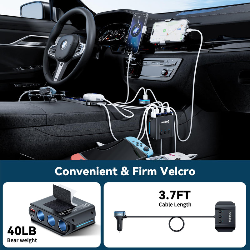 7 in 1 Cigarette Lighter Splitter,SONRU 180W (Max 192W) Car Charger Adapter | Dual PD 36W/QC3.0,24V/12V 3-Sockets Fast Charge for iPhone GPS Dash Cam Car Accessories,Independent Switch Voltage Display black1