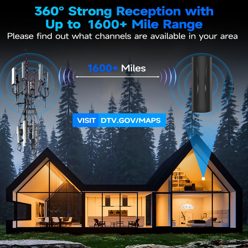 Strongest TV Antenna, 1600 Miles Range Digital Antenna for Smart TV Indoor, TV Antenna for Local Channels with High Gain Amplifier, Long Range HD TV Antenna Supports 4K 8K,1080p -36ft Coax Cable AN-5004
