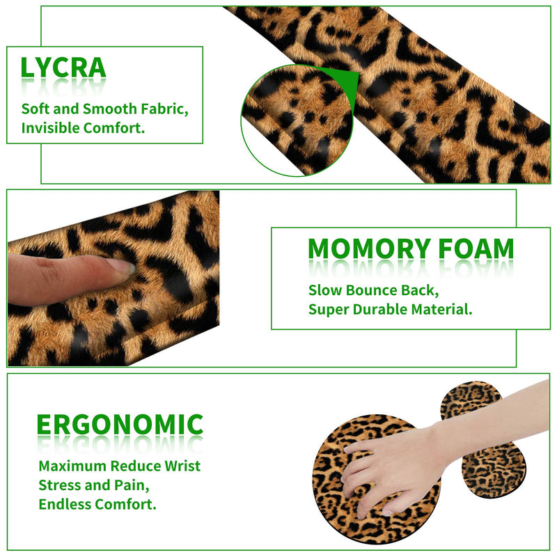 Ergonomic Keyboard Wrist Rests Gel Memory Foam Mouse Pad with Round Mousepad + Coasters, Wrist Support Set with Non Slip Base for Gaming Office Laptop Easy Typing & Pain Relief, Leopard Print