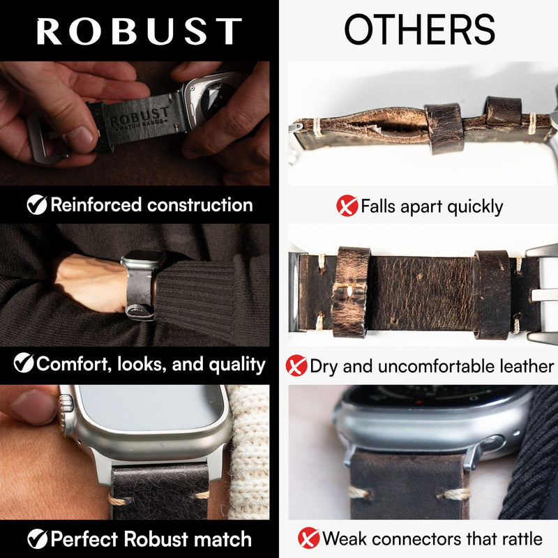 ROBUST Genuine Leather Watch Band for Men - Compatible with Apple Watch Bands 49mm - Replacement Strap for iWatch Ultra 2/1 SE, SE 2 Series 10 9 8 7 6 5 4 Black Leather