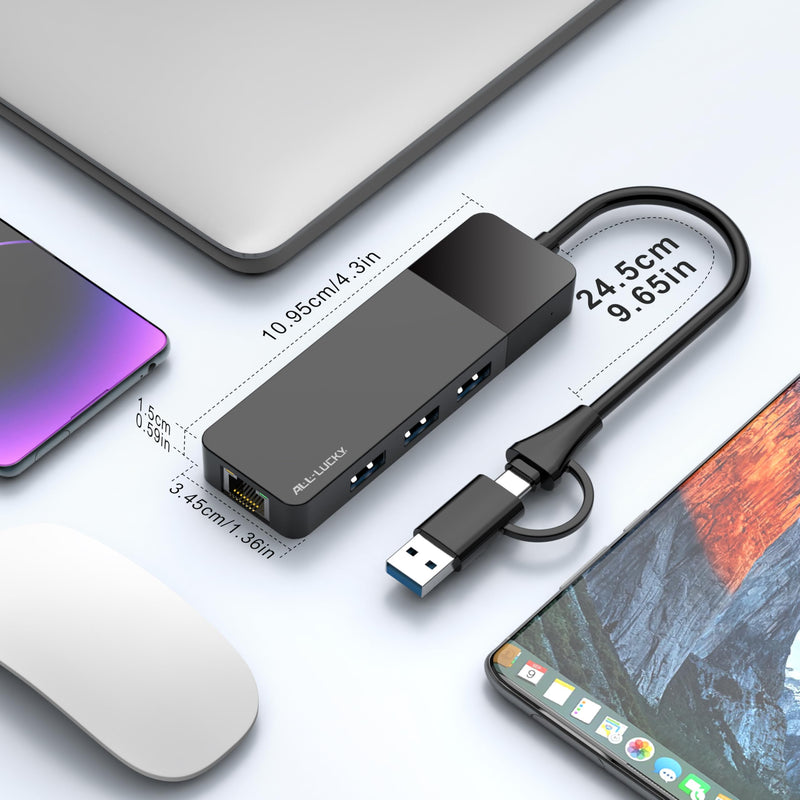 USB A/C to Ethernet Adapter, 3xUSB3.0 and 1000M RJ45 Network hub for Laptop | Plug & play 4-in-1 USB C Hub, Gigabit LAN for Mac/Chrome/XPS & USB-C phones/iPad, 3 USB-A ports for mouse/keyboard/USB fan. 1FT -4 in 1 USB A/C to Ethernet Adapte