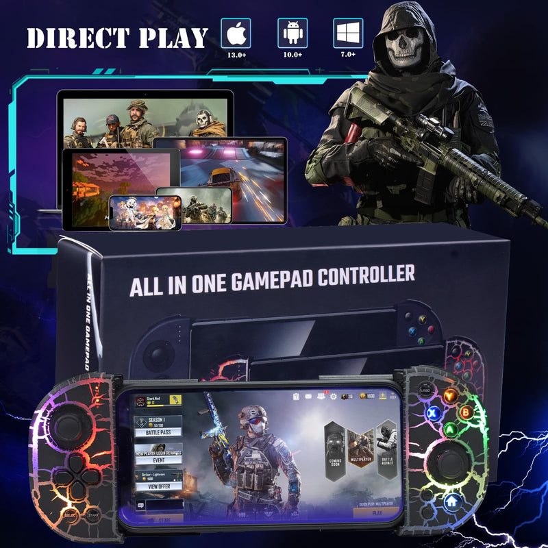 RGB Cracked Gaming Controller for iPhone Android PC iOS Wireless Gamepad Joystick for iPhone 15/14/13/12/X, iPad, Galaxy S23/S22/S21, TCL, LG, Tablet, Turbo, 18 Color LED, Call of duty, Direct Play RGB cracked