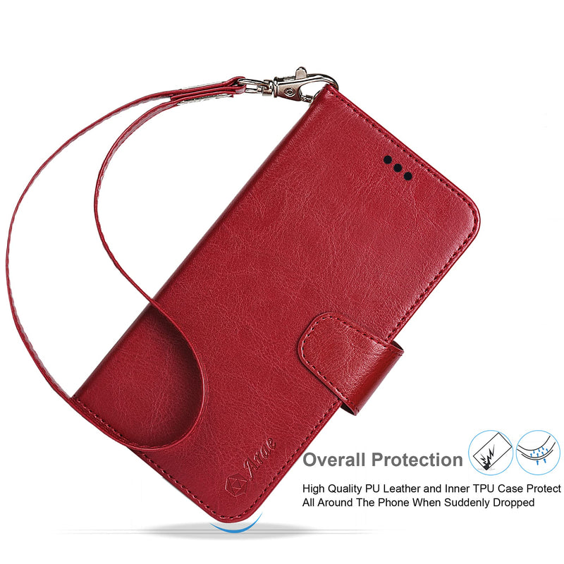 Arae Compatible with iPhone 13 Case[Not for iPhone 13 Pro.] with Card Holder and Wrist Strap Wallet Flip Cover for iPhone 13 6.1 inch-Wine Red iPhone 13(6.1") Wine Red