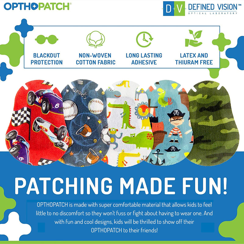 OPTHOPATCH Kids Eye Patches - Fun Boys Design [Series I] - 90 + 10 Bonus Latex Free Hypoallergenic Cotton Adhesive Bandages for Amblyopia and Cross Eye - 3 Reward Chart Posters by Defined Vision